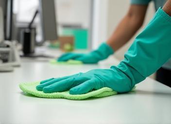 Office desk surfaces being cleaned by professional team