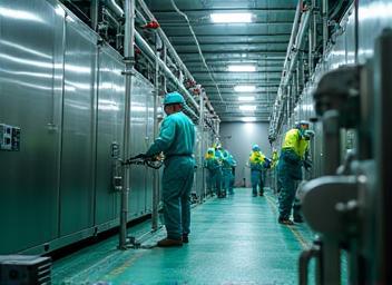 Industrial plant with specialized cleaning in progress